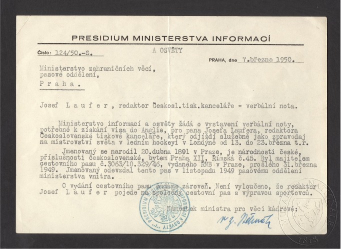 Oficiální žádost o víza do Anglie před MS 1950 pro Josefa Laufera.